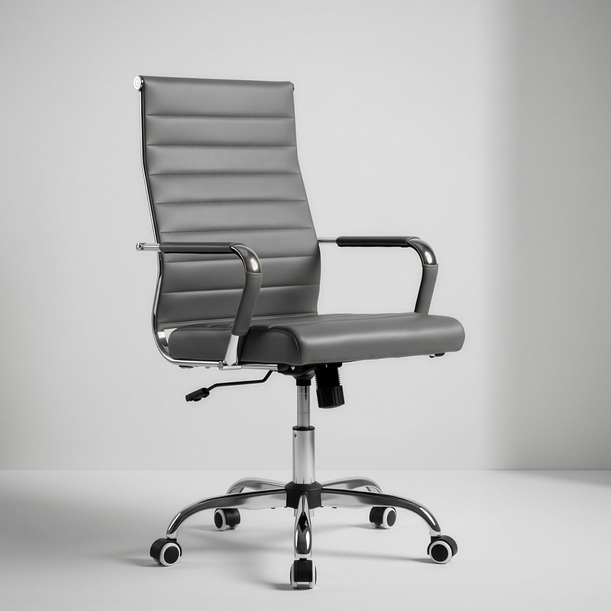Grey Office Desk Chair, Ergonomic Leather Modern Conference Room Chairs, Executive Ribbed Adjustable Swivel Rolling Chair for Home Office.