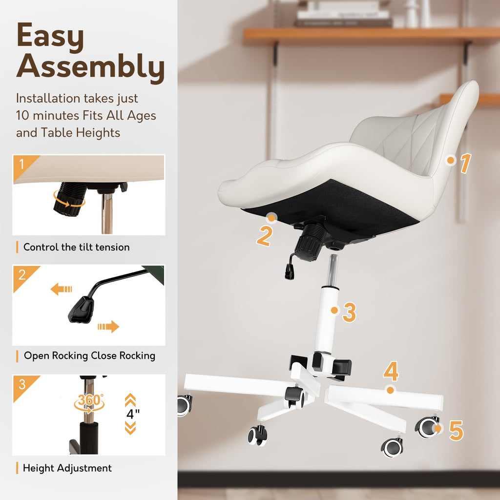 Armless Desk Chair, Morden Home Office Chair no Arms, Adjustable Height & Rocking Computer Chair, PU Leather Vanity Chair, Ergonomic Seat Soft Padded Desk Chairs for Home Small Space, White