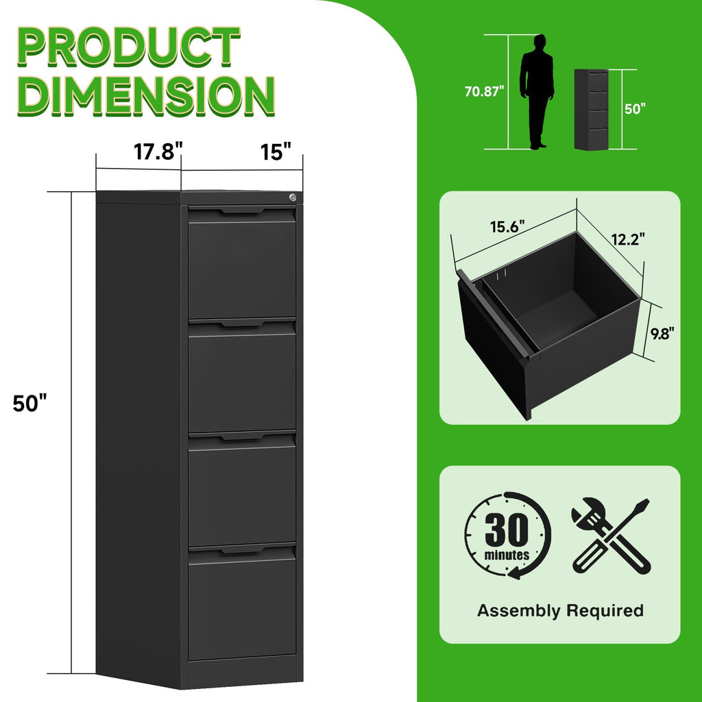 4 Drawer File Cabinet with Lock,Metal Vertical Filing Cabinets for Home Office,Heavy Duty File Storage Cabinet for Letter/Legal/A4/F4 Size File,Easy to Assemble,Black