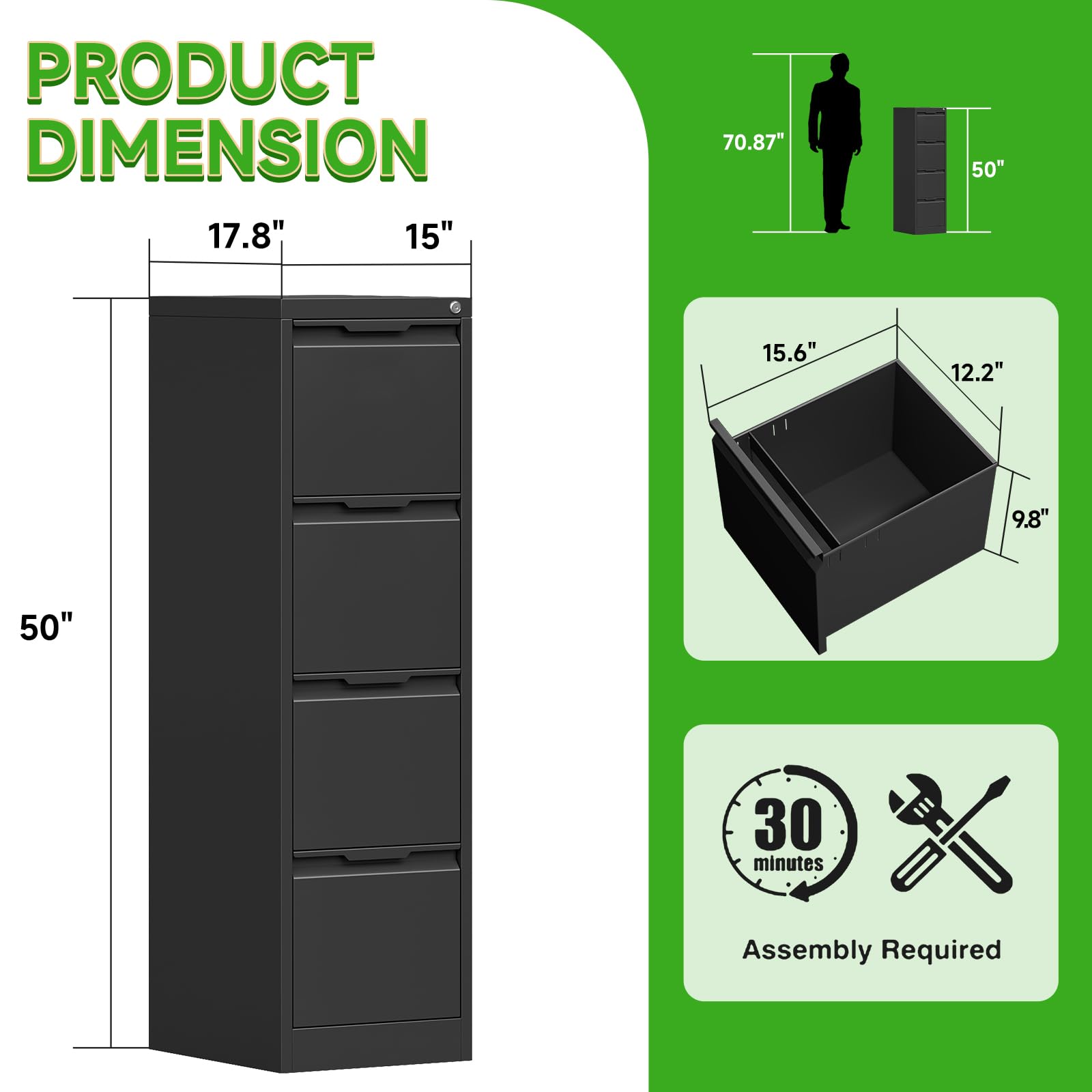 4 Drawer File Cabinet with Lock,Metal Vertical Filing Cabinets for Home Office,Heavy Duty File Storage Cabinet for Letter/Legal/A4/F4 Size File,Easy to Assemble,Black