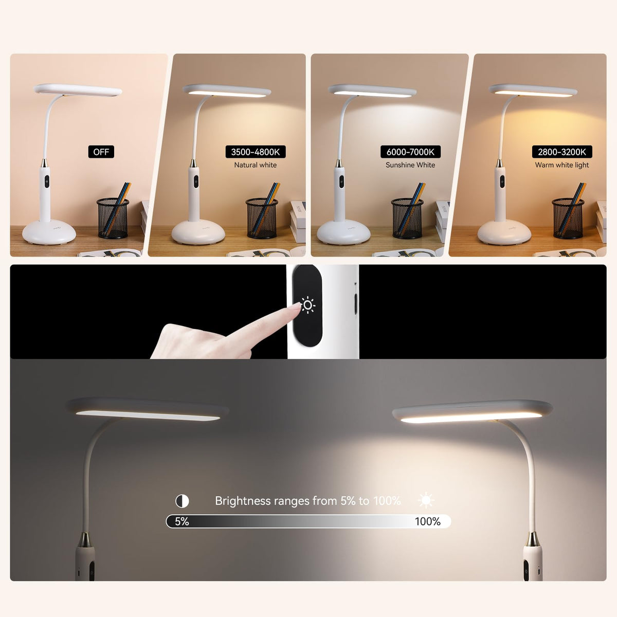 LED Desk Lamp 6778B - Touch Control, Adjustable 2700-7000K Color Temperature, 700 Lumens, 360° Flexible Gooseneck, USB-C Charging, 2.5hrs Cordless, Eye-Caring Light (White)