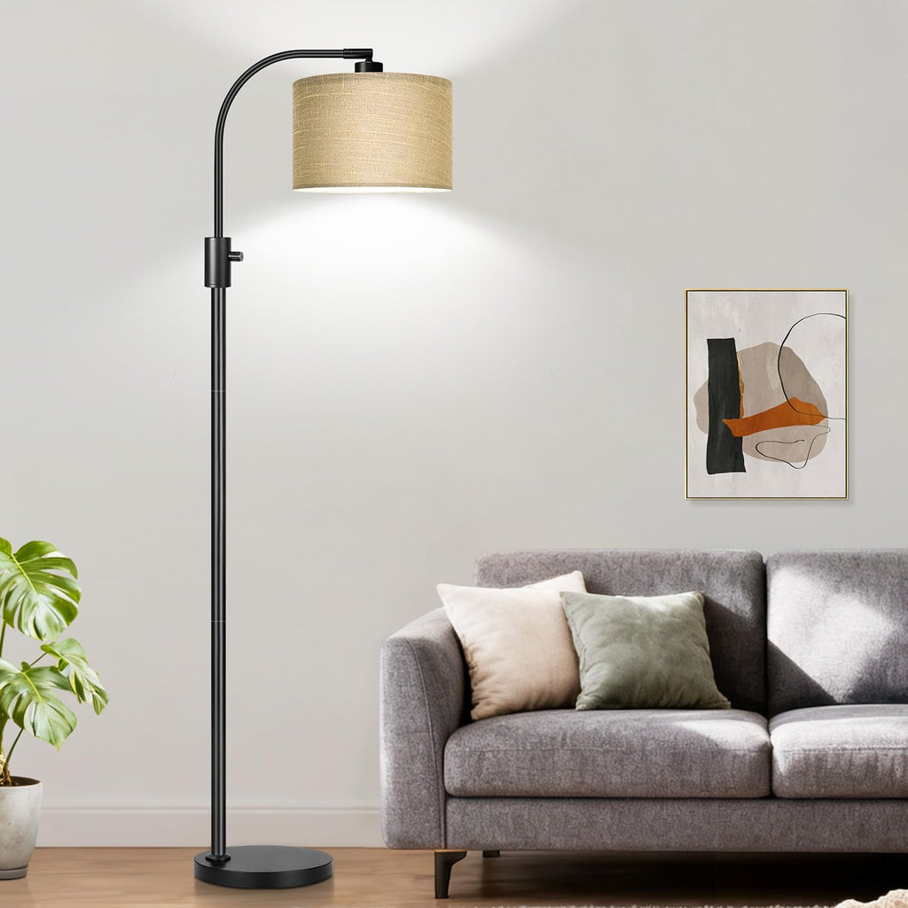 Upgraded Modern Arc Dimmable Tall Standing Floor Lamp with Champagne Shade, 1200 Lumens LED Bulb Included, for Living & Reading Room, Bedroom, Office & Nursery, Black