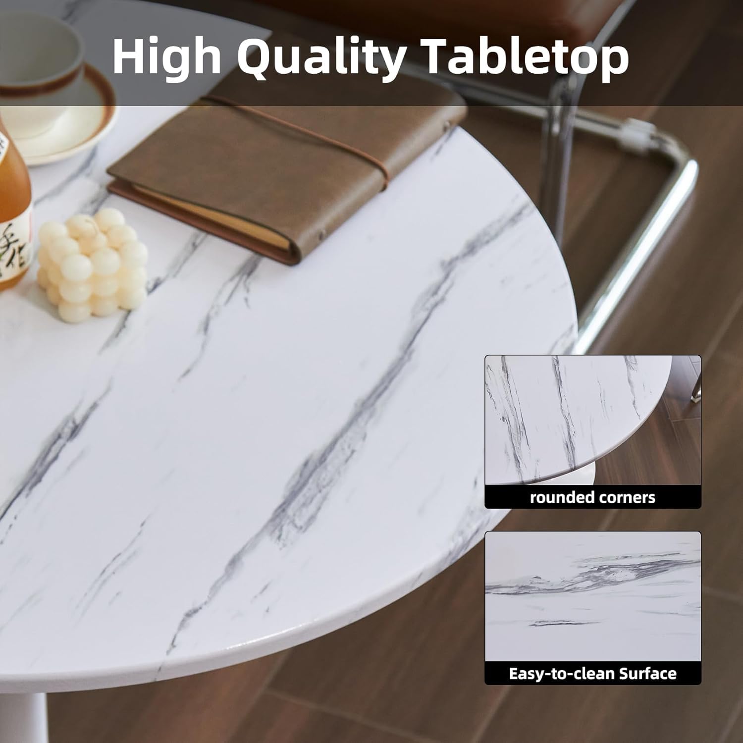 Hansweld Round Dining Table, 24" Circle Tulip Table with Thickened Tabletop & Metal Pedestal, Mid Century Modern Bistro Table for Kitchen, Small Places, Living Room, Cafe (Marble White)