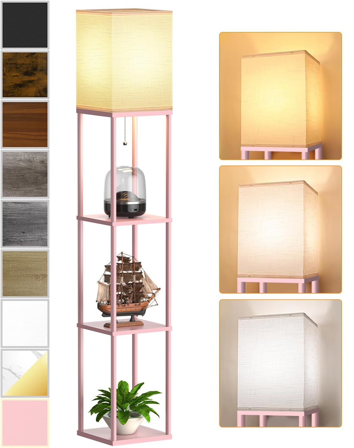 Pink Floor Lamp with Shelves for Living Room, Shelf Floor Lamp with 3 CCT LED Bulb, Corner Display Standing Column Lamp Etagere Organizer Tower Nightstand with White Linen Shade for Bedroom, Office