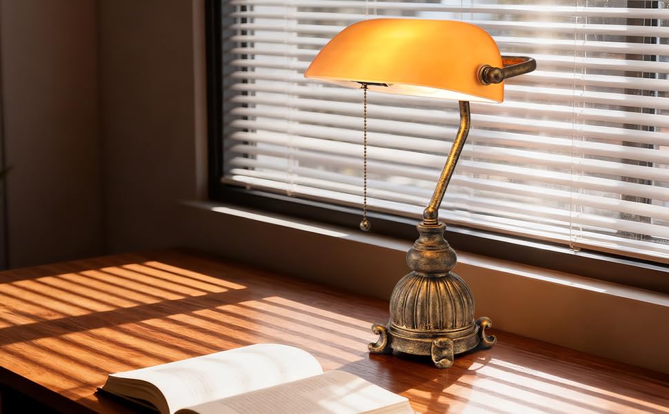 Retro Amber Glass Bankers Desk Lamp,LED Bulb Included