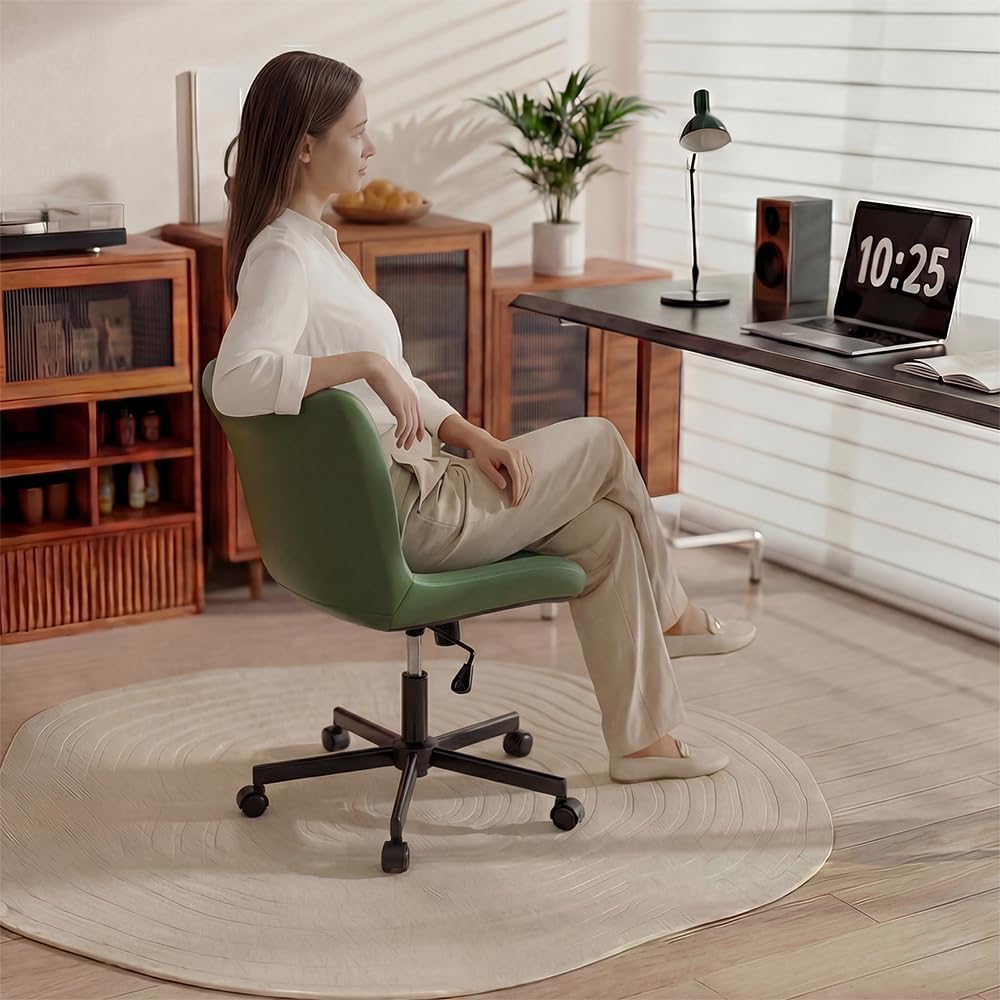 Armless Desk Chair, Morden Home Office Chair no Arms, Adjustable Height & Rocking Computer Chair, PU Leather Vanity Chair, Ergonomic Seat Soft Padded Desk Chairs for Home Small Space, Green
