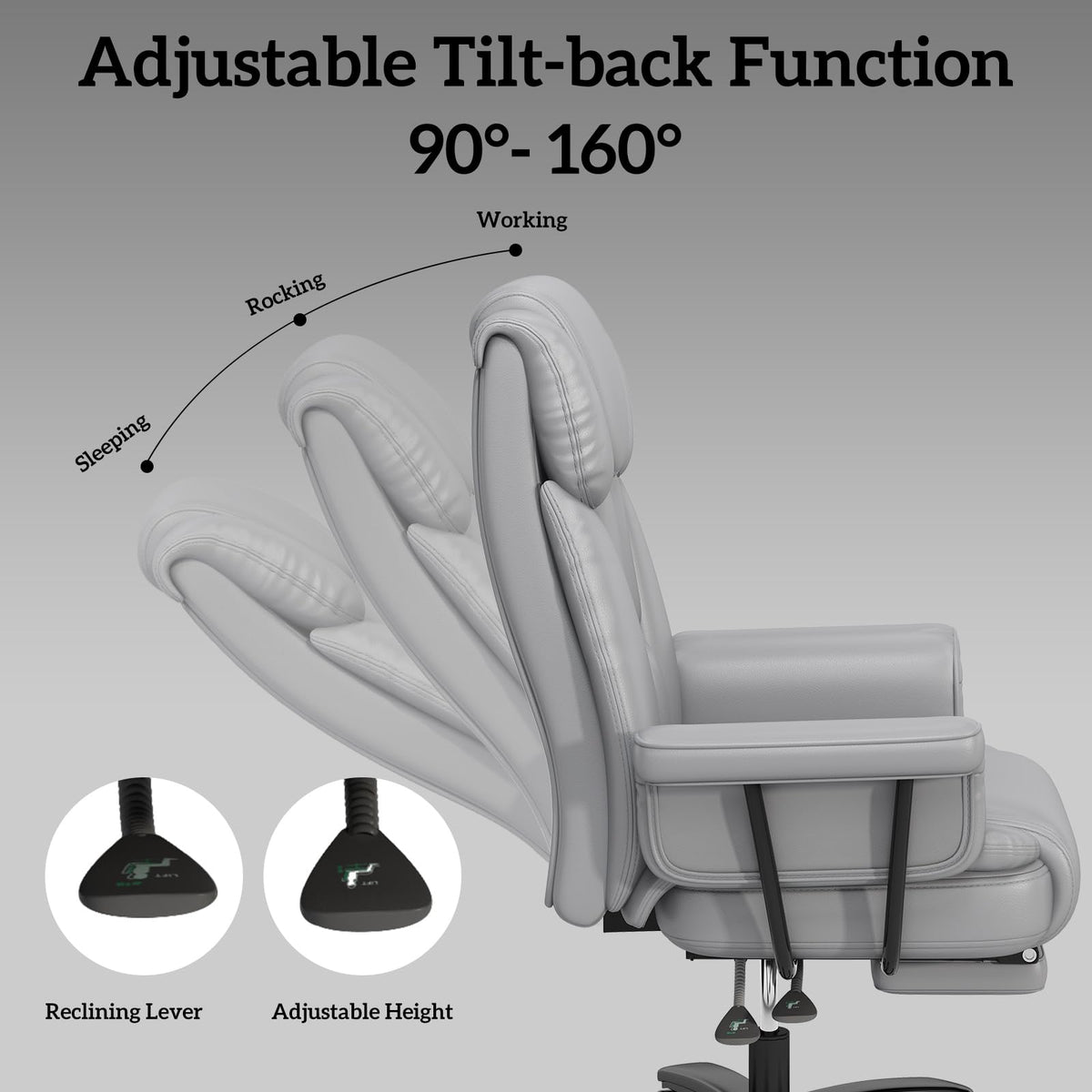 160 Reclining Office Chair with Footrest, Big & Tall Desk Chair, Grey