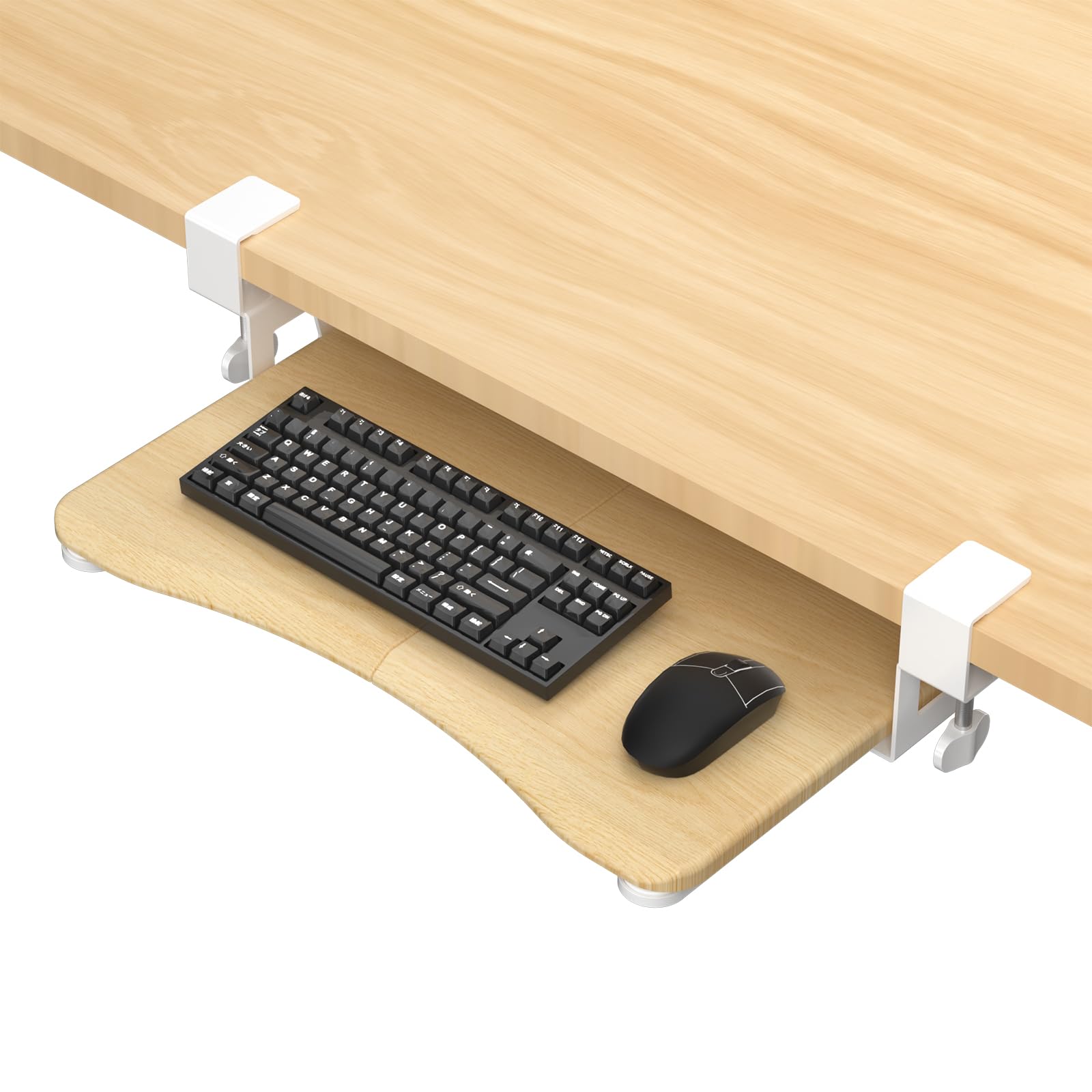 Small Keyboard Tray Under Desk Pull Out with C Clamp Mount for Computer Keyboard, 20 (24.2 Including Clamps) x 11.8 inch Slide-Out Platform Computer Drawer for Typing, Light Wood,