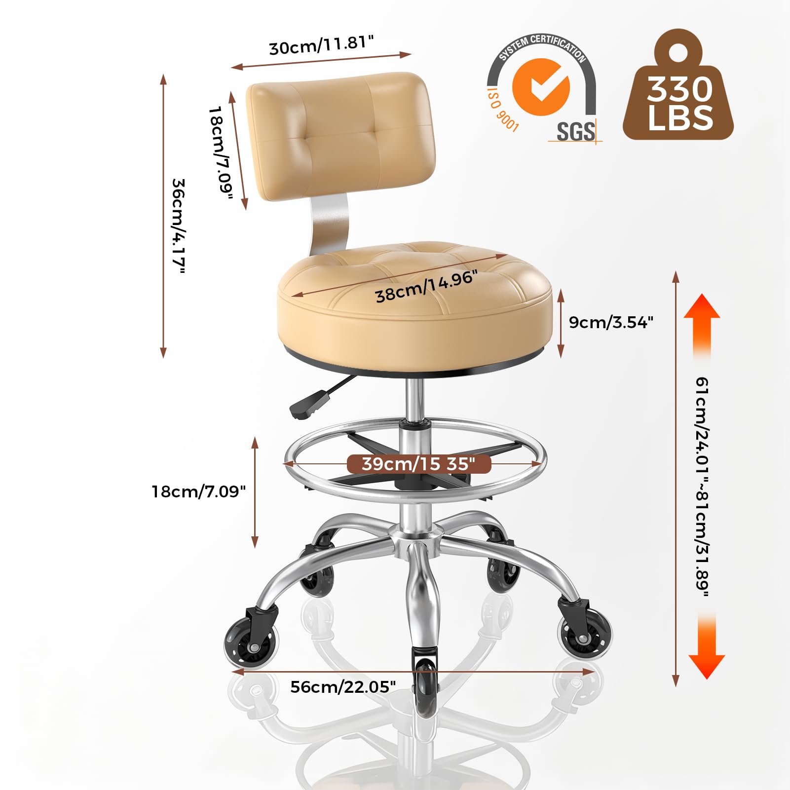 Office Drafting Chair with Footrest, Tall Height Adjustable Stool with Back Support, Heavy Duty Rolling Stool Chair with Wheels for Office Home Kitchen Bar Shop Guitar Studio Vanity, White