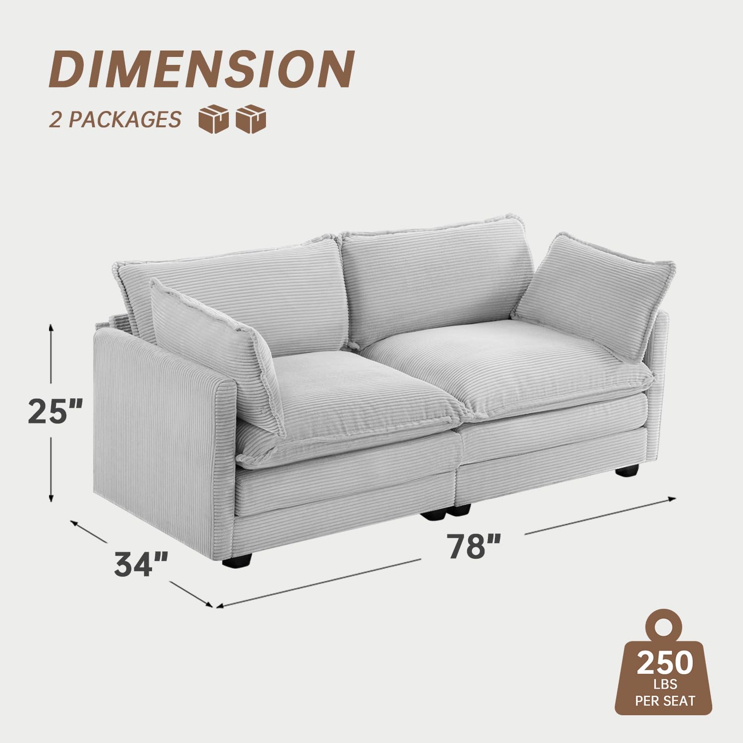 78'' Sectional 2 Seat Cloud Loveseat with 2 Throw Pillows, Modern Corduroy Love Seat, Cozy Sofa for Living Room, Office and Bedroom, Light Grey