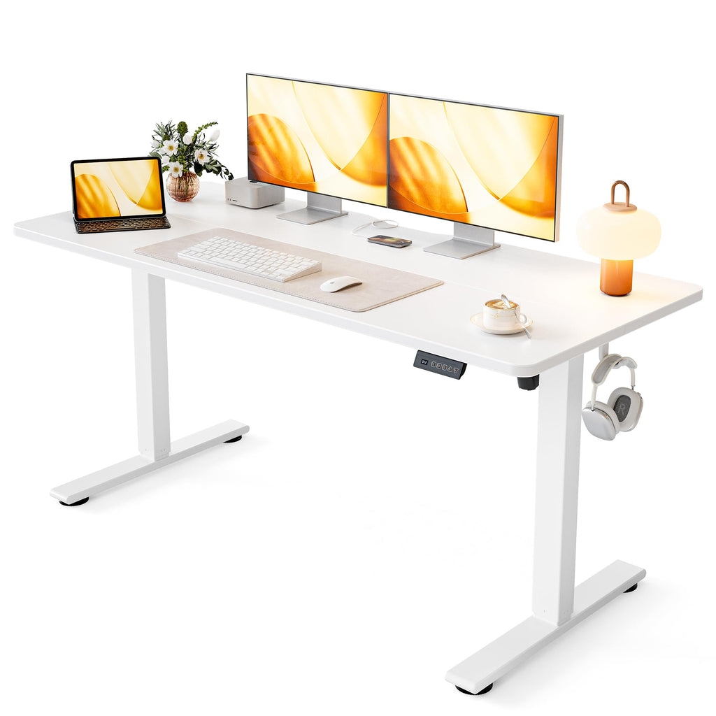 Standing Desk, 55x24 Inches Sit Stand Home Office Desk, Electric Stand up Desk, Adjustable Desk with Splice Board, White Frame/White Top
