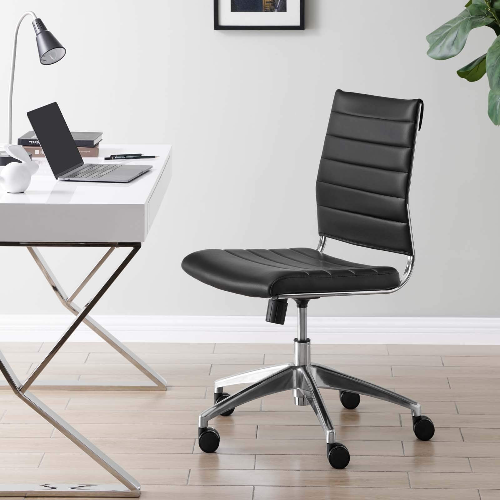 Ribbed Armless Mid Back Swivel Conference Chair In Black