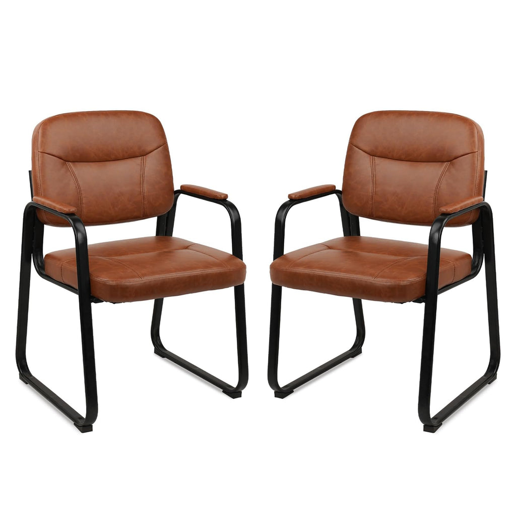 2 Pack, Waiting Room Guest Chair with Bonded Leather Padded Arm Rest for Office Reception and Conference Desk Black with Sled Base Brown