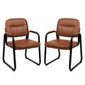 2 Pack, Waiting Room Guest Chair with Bonded Leather Padded Arm Rest for Office Reception and Conference Desk Black with Sled Base Brown