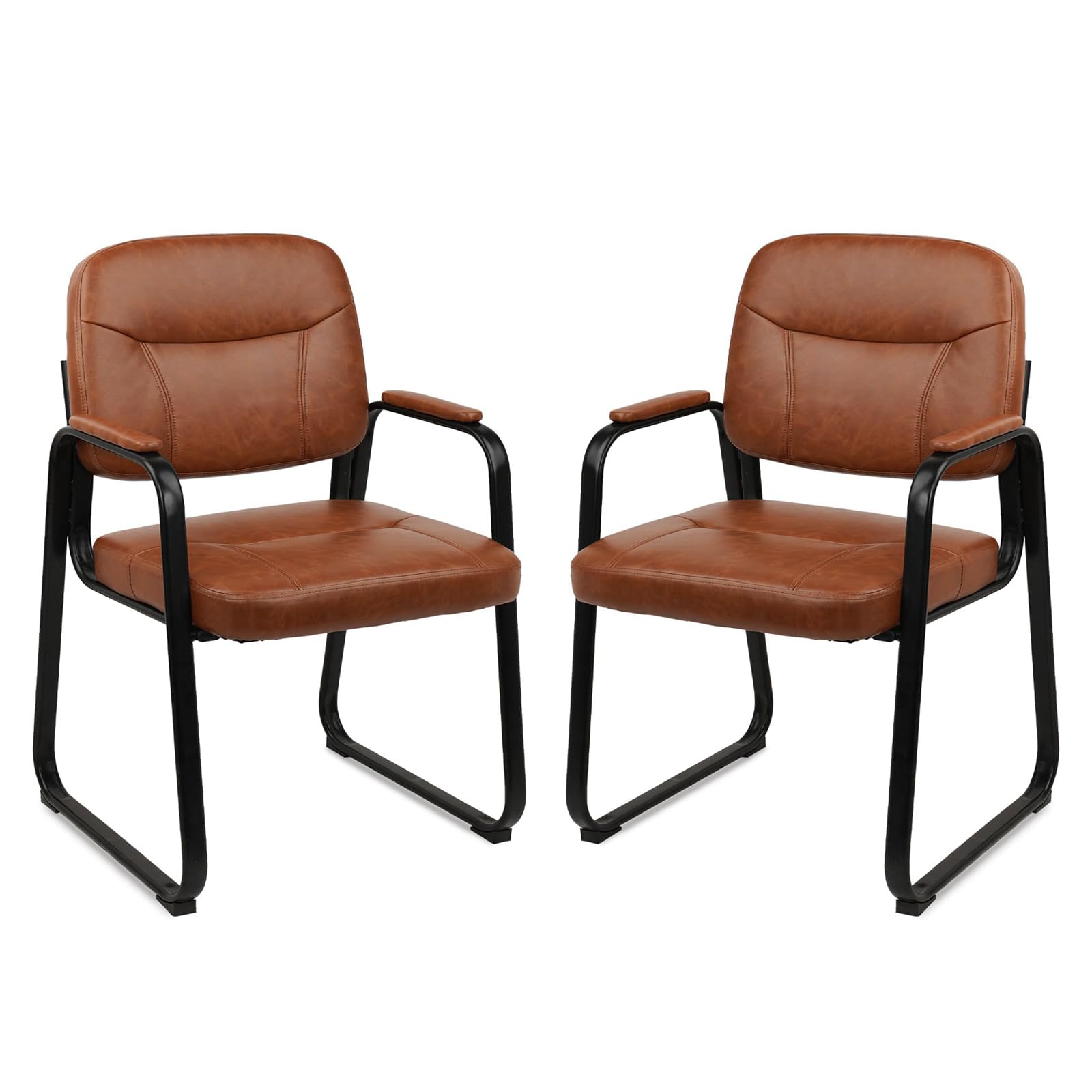 2 Pack, Waiting Room Guest Chair with Bonded Leather Padded Arm Rest for Office Reception and Conference Desk Black with Sled Base Brown
