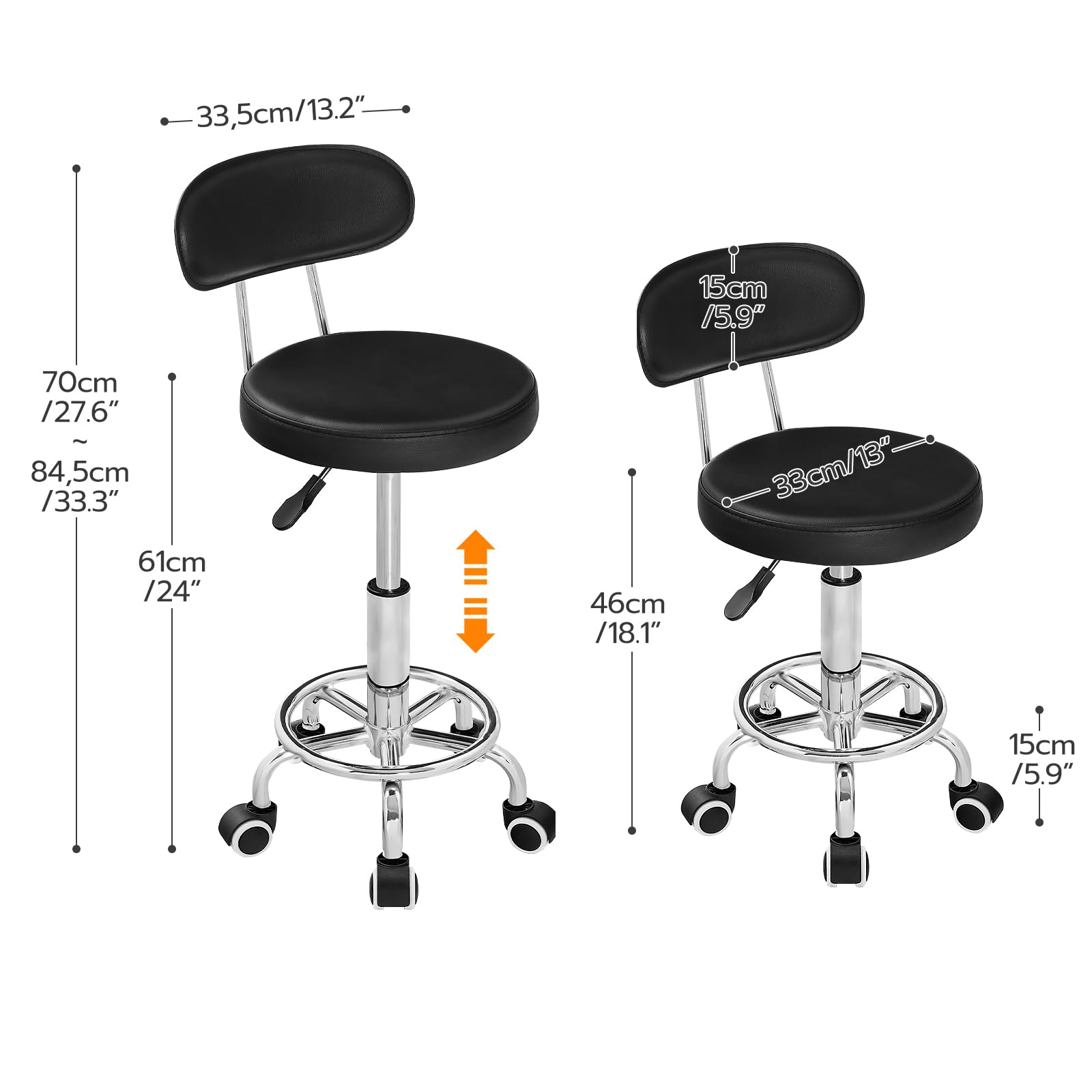 Height Adjustable Rolling Stool, 360° Rotating Drafting Chair, Multi-Purpose Office Desk Chair, Rolling Swivel Salon Stool Chair, for Barber Shop, Nail Salon, Office, Black
