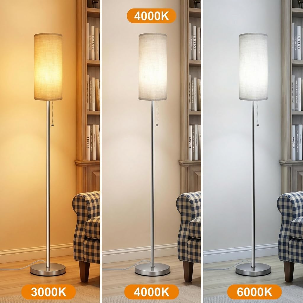 Floor Lamp for Living Room, Modern Standing Lamps with Lampshade, Minimalist Tall Lamp with Chain Switch for Living Room, LED Bulb Included (Nickel Body+Beige Shade)