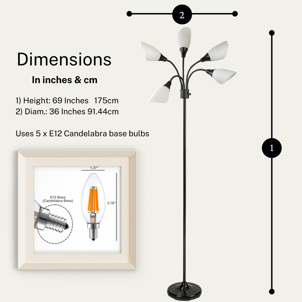 Multi-Head 5-Light Floor Lamp, Adjustable Standing Lamp with 3-Mode Switch, White Acrylic Shades, Black Finish, Perfect Floor Lamps for Living Room & Bedroom Room Lights