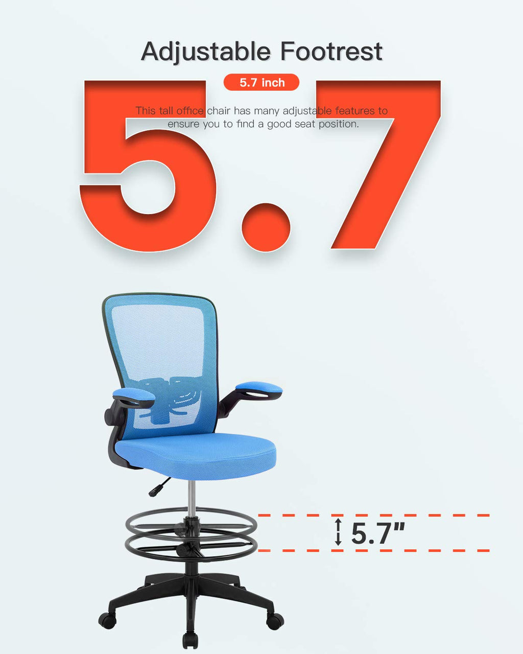 Drafting Chair Tall Office Chair Adjustable Height with Lumbar Support Arms Footrest Mid Back Standing Desk Chair Swivel Rolling Mesh Computer Chair Standing Desk Drafting Stool Blue