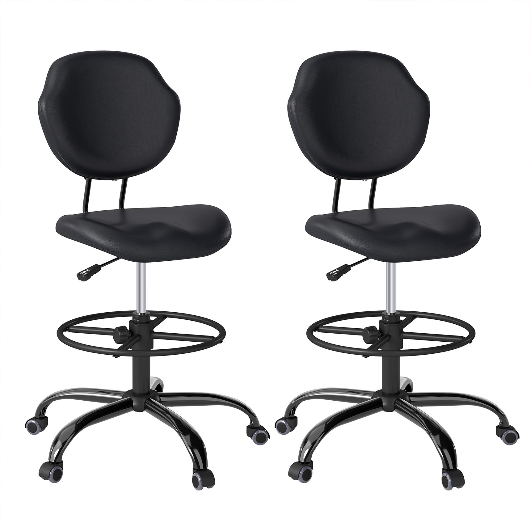 (Black, 2 Pack), Drafting Chair with Back Support, Tall/High Desk Rolling Stool, Faux Leather Office Chair with Height Adjustable for Standing Desk, Home Office, Bar, Workbench & Kitchen