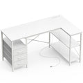 L Shaped Office Desk with Power Outlets, 47 Inch Computer Desk with 3 Drawers, Shelves, for Gaming, Corner Work, Home Office, Study, White