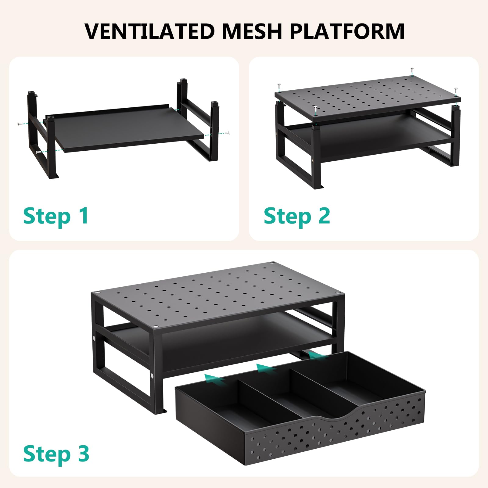 Monitor Stand Riser with Drawer, Desk Organizers and Accessories for Computer, Printer, Laptop Stand for Home Office Supplies, (PTT005-B), 1 Pack, Black