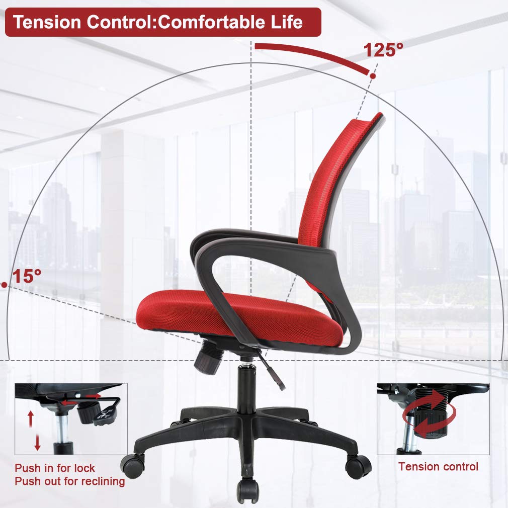 Home Office Chair Ergonomic Desk Chair Mesh Computer Chair with Lumbar Support Armrest Executive Rolling Swivel Adjustable Mid Back Task Chair,Red