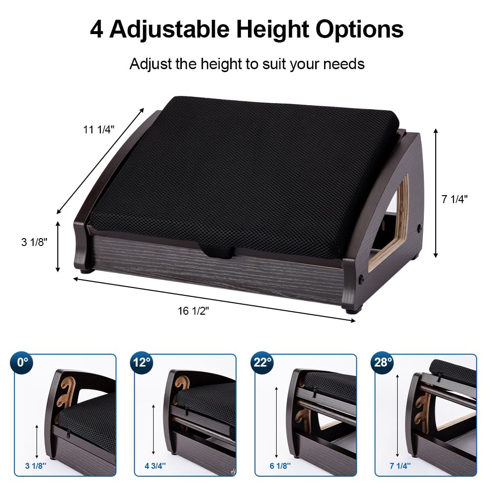 Wood Ergonomic Footrest - 4-Angle Adjustable Foot Stool for Desk, Office Footrest, Anti-Slip Foot Stand for Under Desk, Enhances Posture, Promotes Blood Circulation, Easy Assembly (Espresso)