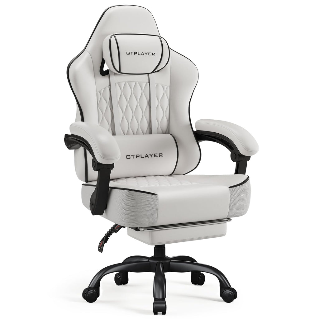 Big and Tall Gaming Chair with Footrest, Ergonomic Office Desk Chair with 4.4in Thick Cushion and Wide Wingless Seat, Comfortable Leather Computer Chair, Predator Series, White