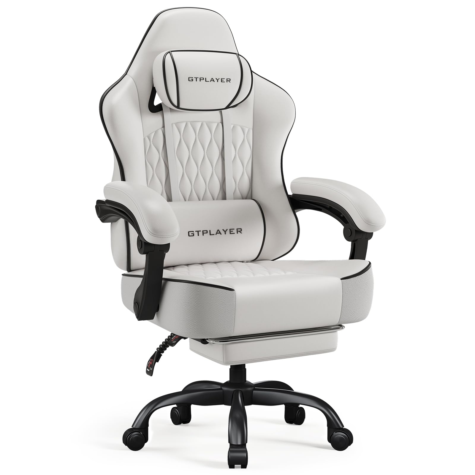 Big and Tall Gaming Chair with Footrest, Ergonomic Office Desk Chair with 4.4in Thick Cushion and Wide Wingless Seat, Comfortable Leather Computer Chair, Predator Series, White