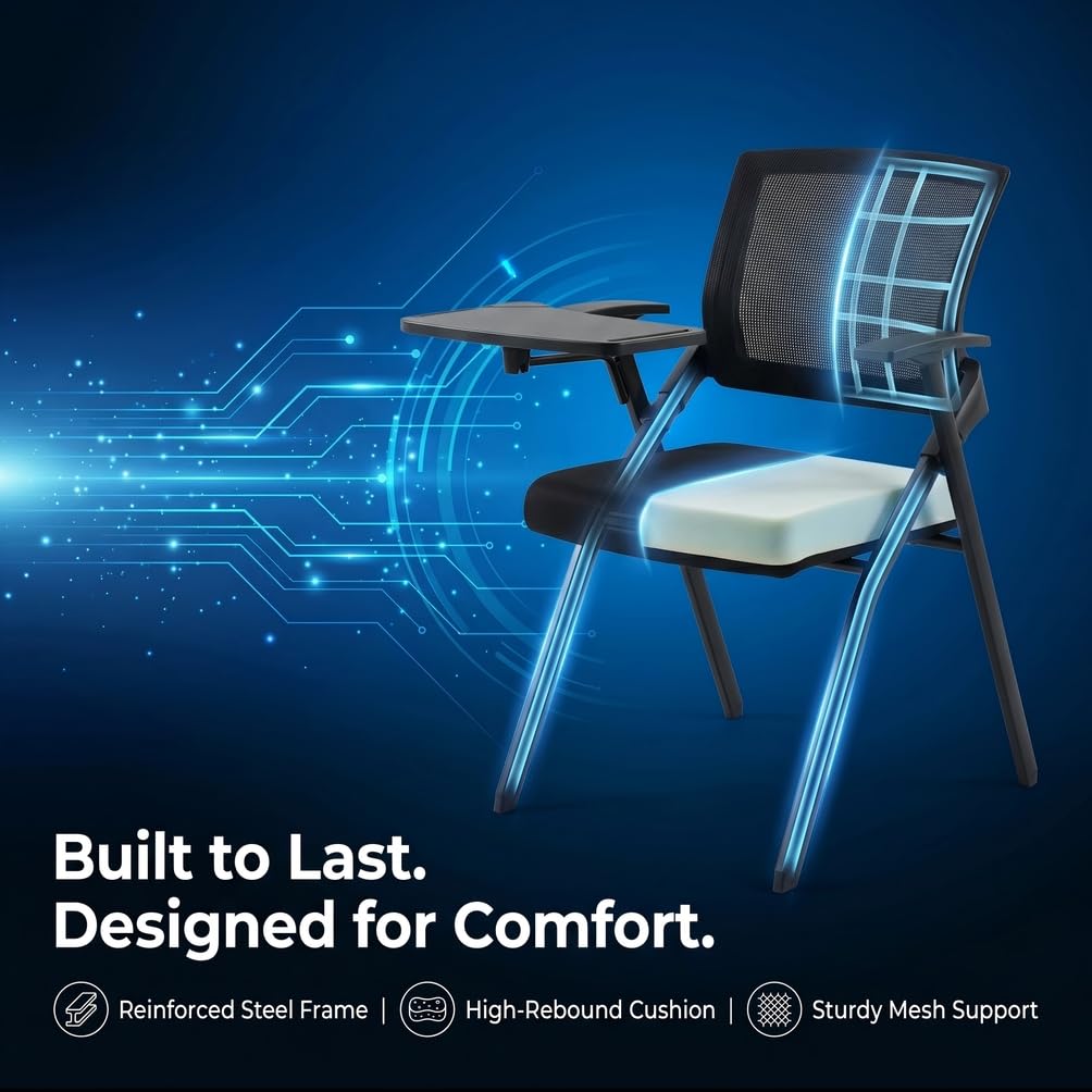 12 Pk, Folding Training Chairs with Desk Attached, Mobile Office Meeting Chair with Writing Tablet and Cup Holder, Space-Saving Nesting Conference Chair for Classroom, Seminar