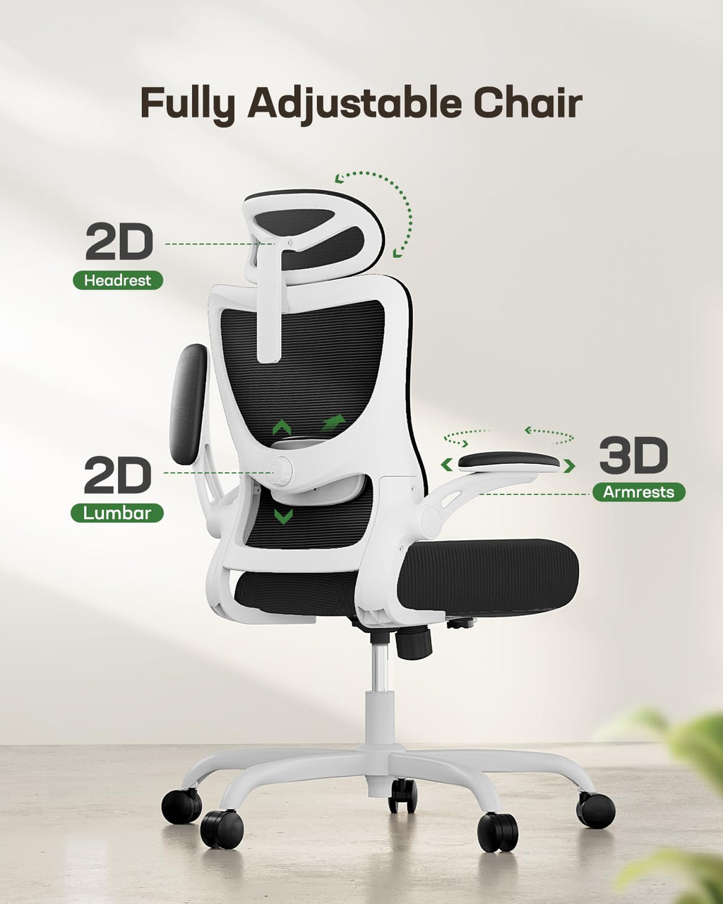 Ergonomic Office Chair: Office Desk Chair with High Back Mesh and Adjustable Lumbar Support Rolling Work Swivel Task Chairs with Wheel 3D Armrests and Headrest