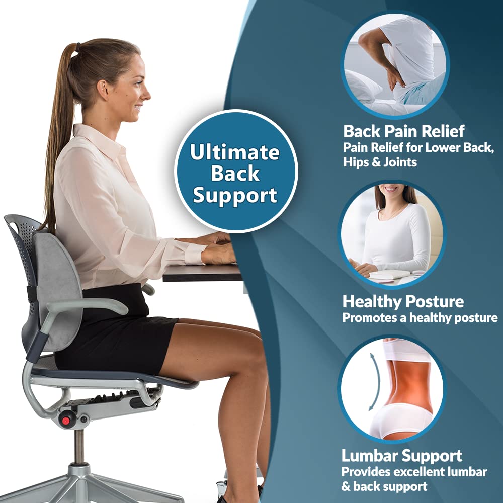 Lumbar Support Back Pillow Office Chair and Car Seat Cushion - Memory Foam with Adjustable Strap and Breathable 3D Mesh (Gray)