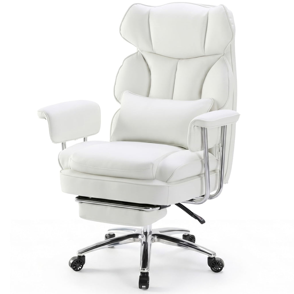 Home Office Desk Chair Comfy with Foot Rest, PU Leather Ergonomic Big and Tall High Back Support, 360° Swivel Wheels, Armrests and Detachable Pillow, Height Adjustable, White