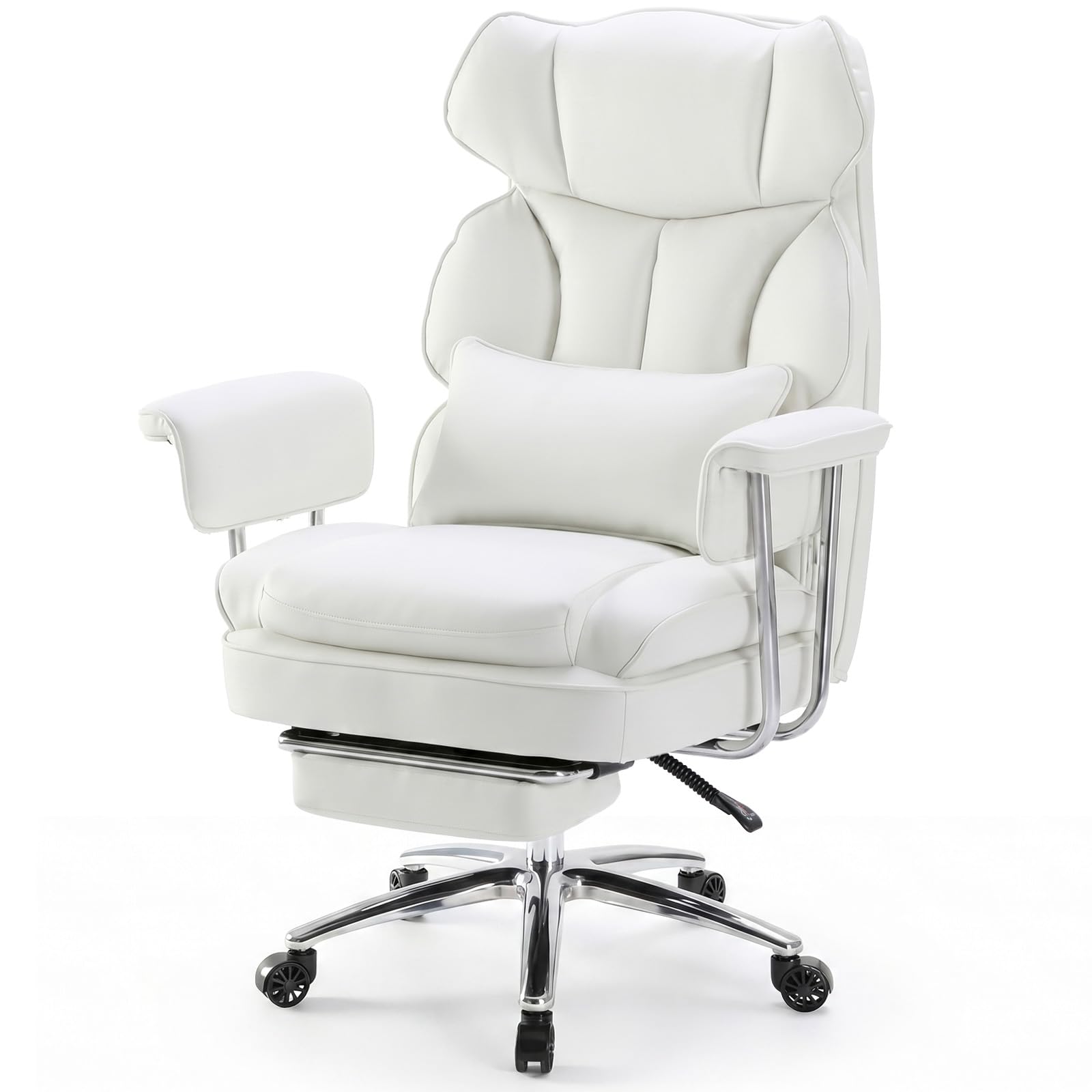 Home Office Desk Chair Comfy with Foot Rest, PU Leather Ergonomic Big and Tall High Back Support, 360° Swivel Wheels, Armrests and Detachable Pillow, Height Adjustable, White