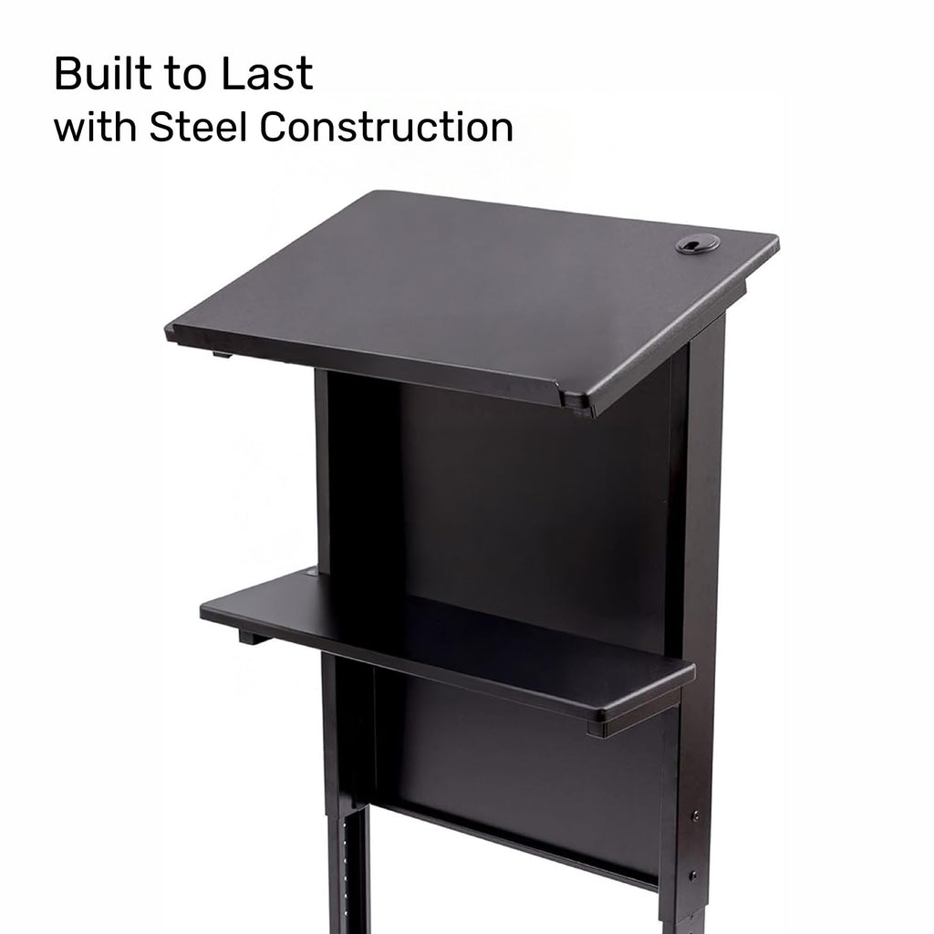 Desk Store Mobile Adjustable Height Rolling Lectern Podium with Heavy Duty Steel Frame (Black Frame/Black Shelves, 25.5" Wide)