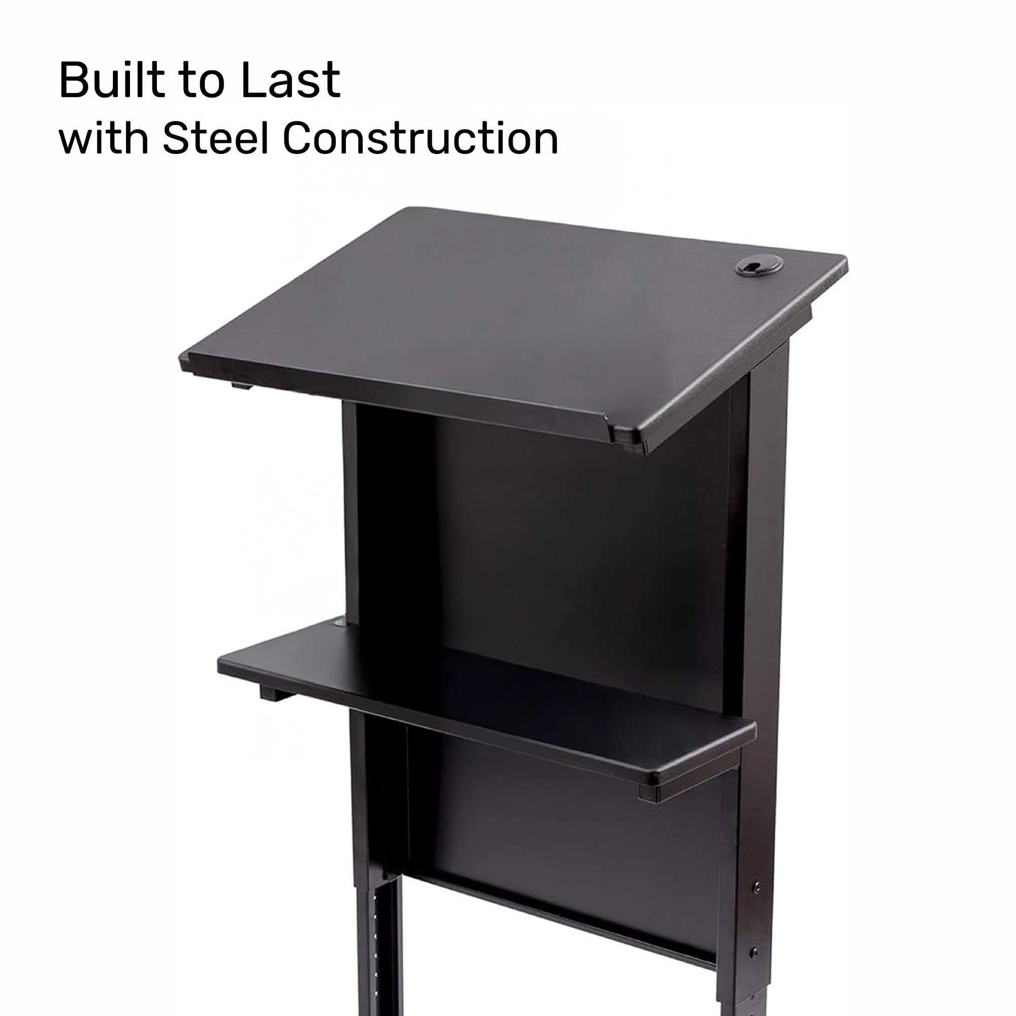 Desk Store Mobile Adjustable Height Rolling Lectern Podium with Heavy Duty Steel Frame (Black Frame/Black Shelves, 25.5" Wide)