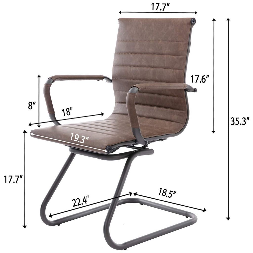 Office Chairs No Wheels Leather Conference Chairs Back Support Guest Chair, Set of 2 (Vintage Brown)