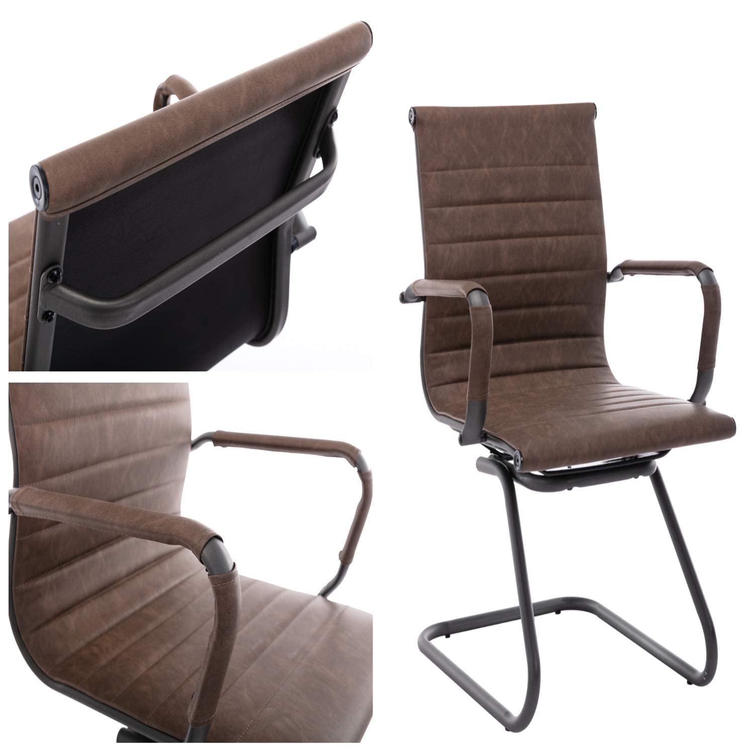 Office Desk Chair No Wheels Set of 6 PU Leather Computer Chairs Mid Back Guest Chairs for School Reception Conference Waiting Room, Vintage Brown