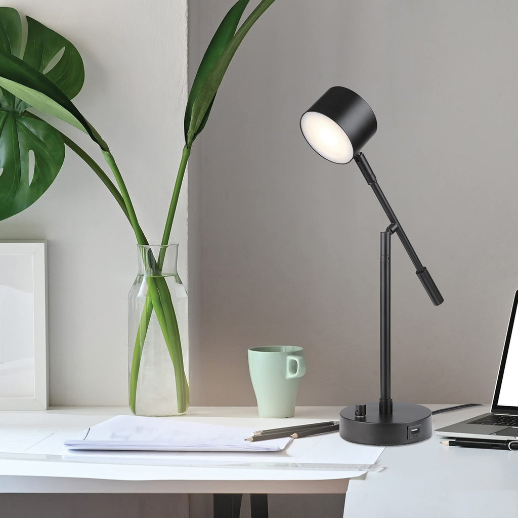 Aristocrat 16" Integrated LED Swing Arm Desk Lamp, Matte Black, Dimmable On/Off Rotary Switch at Base, 2.1A USB Port