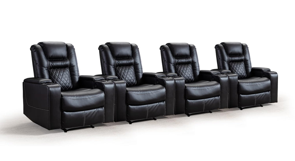 Electric Power Recliner Chair Set of 4, Breathable Leather Home Theater Seating with Hidden Arm Storage, Power Recliner Chair for Living Room with USB Ports and Cup Holders,Black
