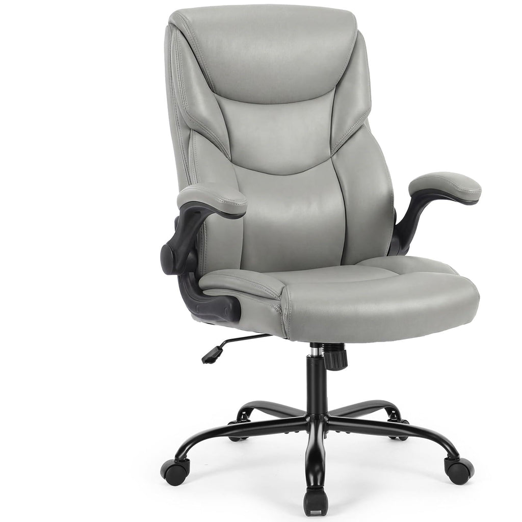 Ergonomic Office Chair, Heavy Duty 275lbs High Back Desk Chair, Flip-up Armrest PU Leather Swivel Rolling Chair with Wheels,Grey
