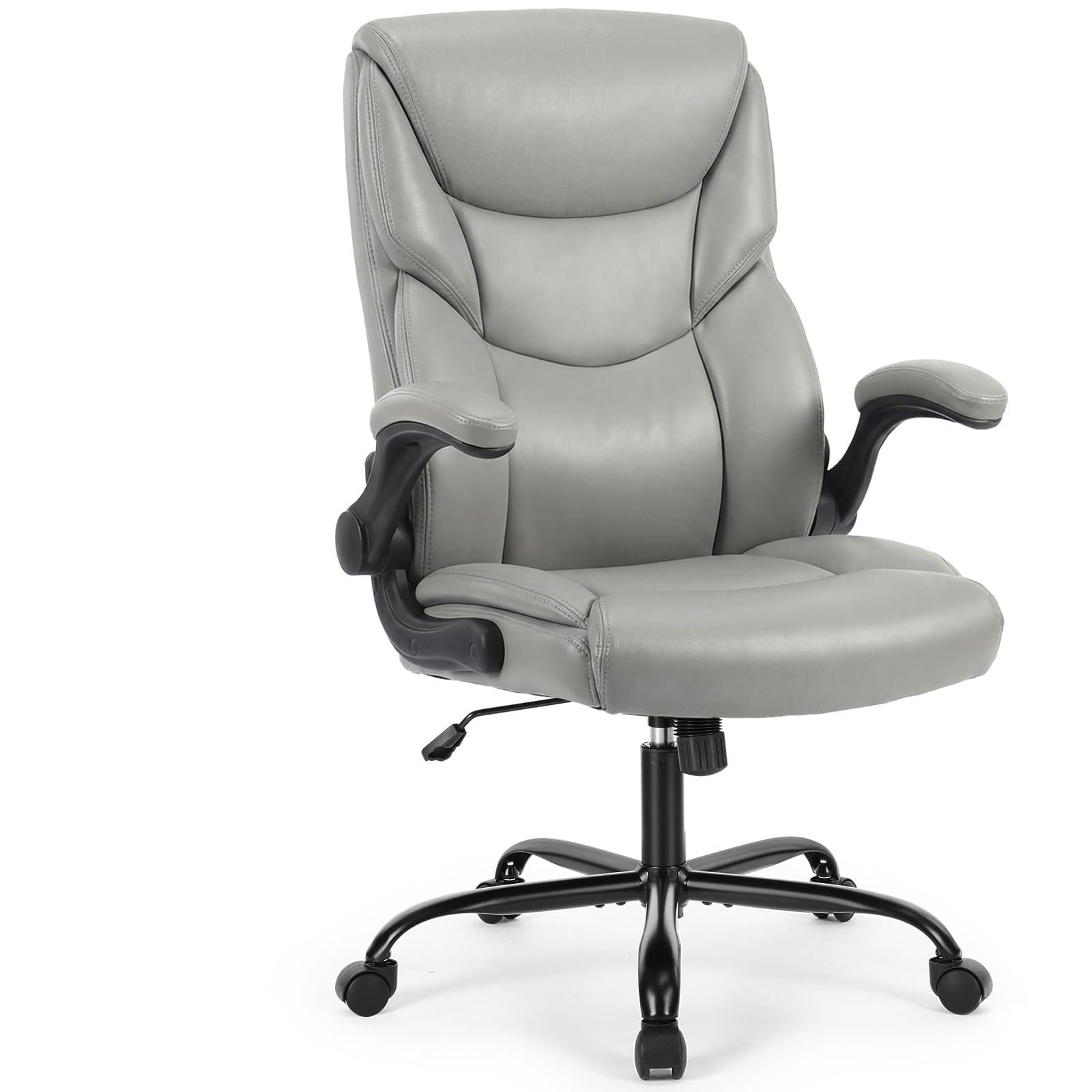 Ergonomic Office Chair, Heavy Duty 275lbs High Back Desk Chair, Flip-up Armrest PU Leather Swivel Rolling Chair with Wheels,Grey