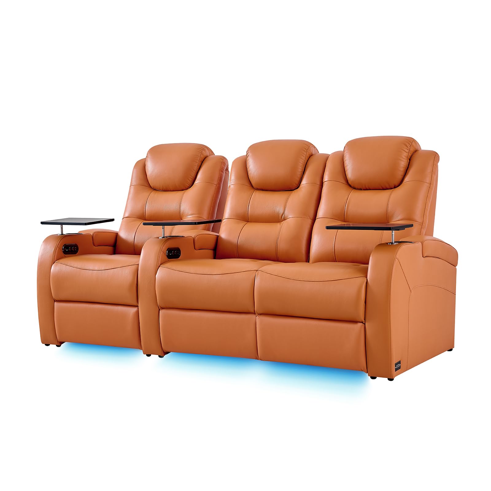 Home Theater Seating Simple Style Seats Top Grain Leather Loveseat Recliner Chair Dual Power Movie Theater Chairs Gaming Sofa with Tray Table (Orange, Row of 3 Loveseat Right)