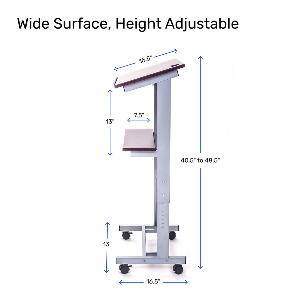 Adjustable Height Lectern Podium | Rolling Desk with Storage Shelf | Ergonomic Standing Desk Frame for Office, Classroom, Laptop, Teaching, Presentations & More (Dark Walnut)