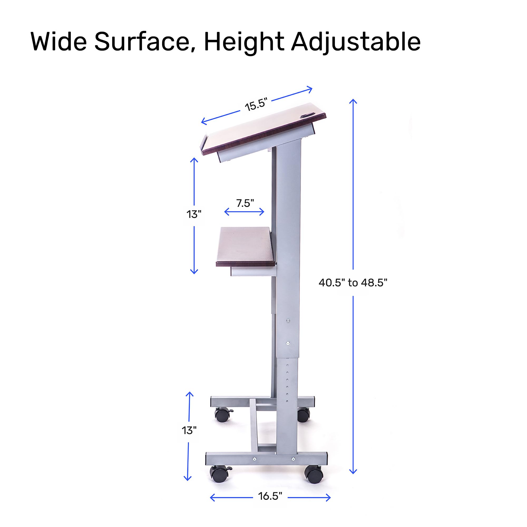 Adjustable Height Lectern Podium | Rolling Desk with Storage Shelf | Ergonomic Standing Desk Frame for Office, Classroom, Laptop, Teaching, Presentations & More (Dark Walnut)