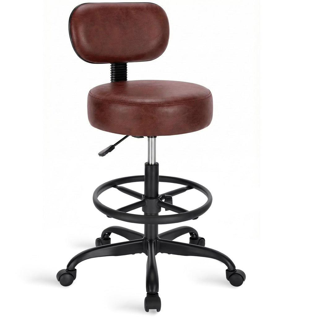 Drafting Chair with Back, Adjustable Foot Rest Rolling Stool, Multi-Purpose Office Desk Chair, Thick Seat Cushion for Home Bar Kitchen Shop - Rustic Brown