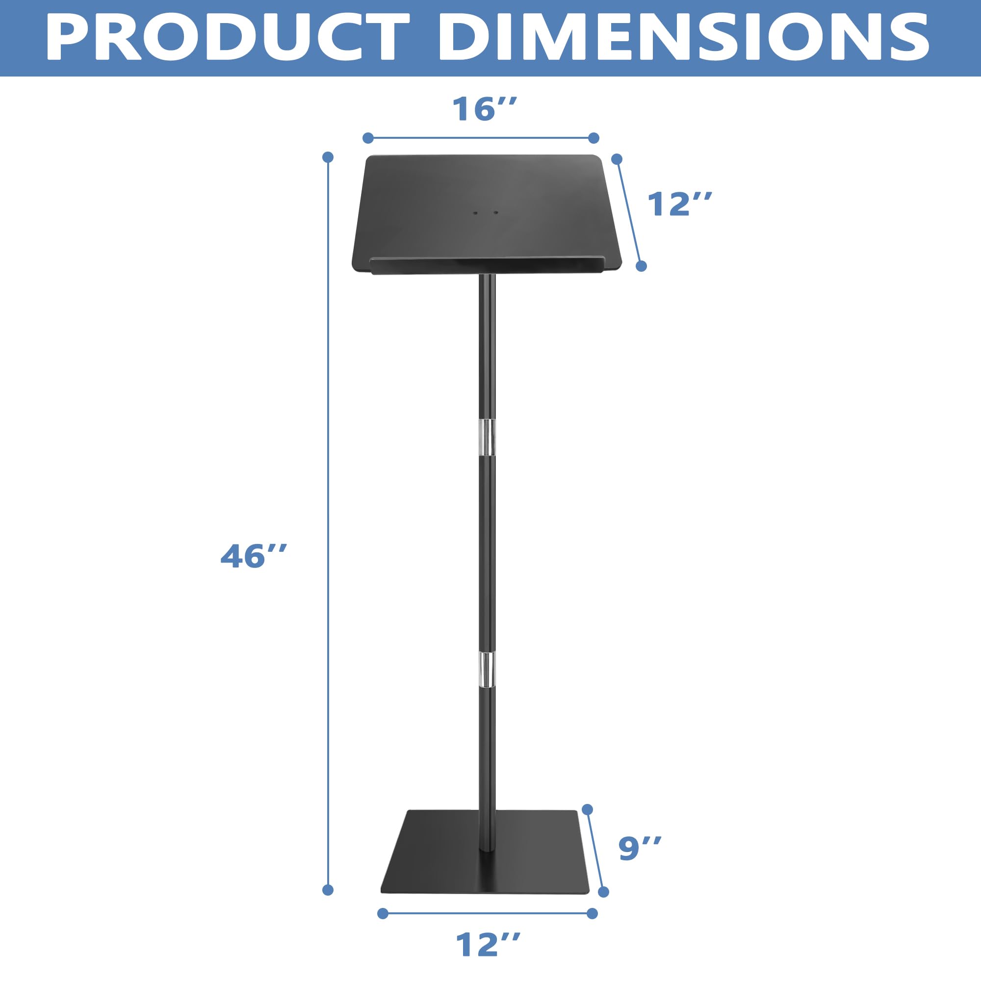 Podium Stand, Lecterns & Podiums, Acrylic Podium, Portable Podium Stand, Adjustable Angles with Metal Base, Podium for Classroom, Church, Weddings, Speech, 16" L x 12" W x 46" H, Black