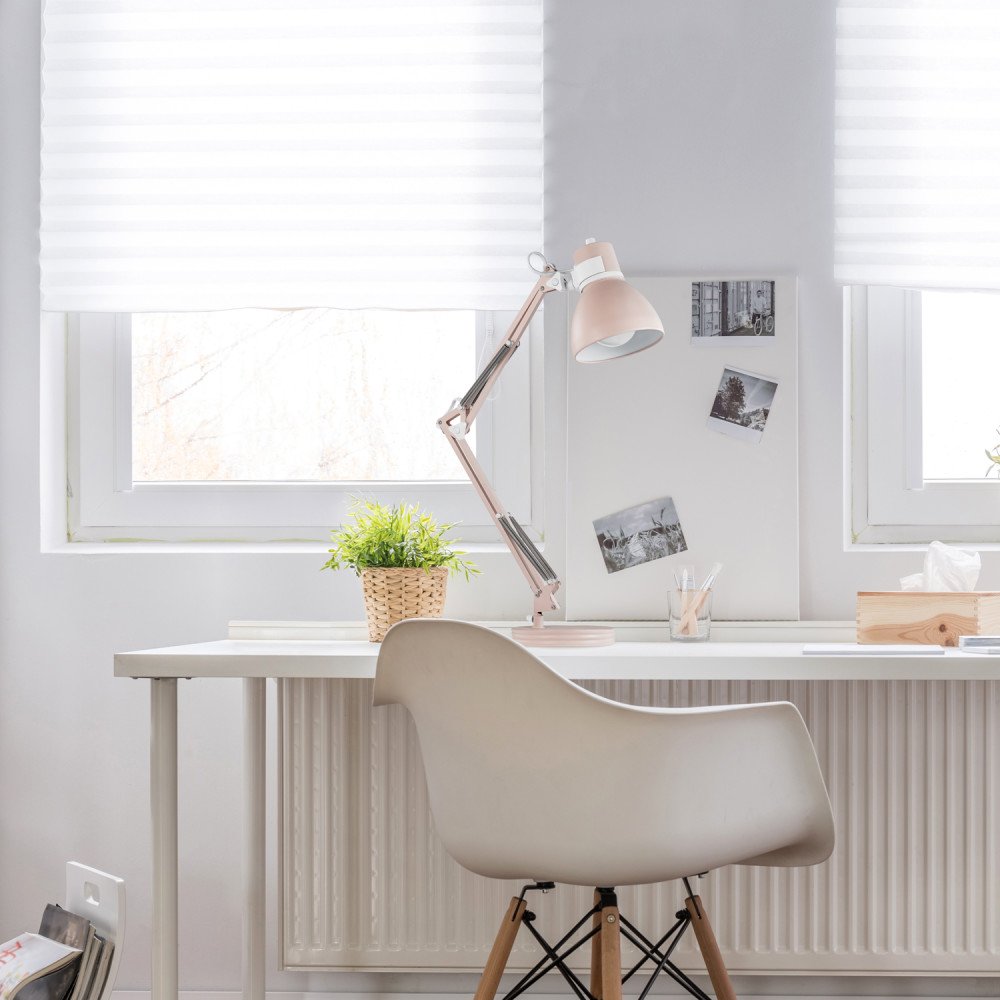 28" Swing Arm Architect Desk Lamp, Matte Rose Finish, White Accents, Rotary Switch on Shade, Partially Adjustable Arm, Modern Lighting for Bedroom or Office, E26 Base