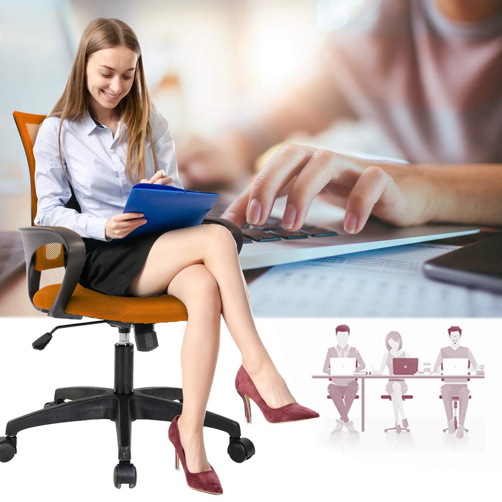 Ergonomic Office Chair | Mid-Back Swivel Desk Chair | Breathable Backrest & Lumbar Support | Adjustable Height | Sponge Seat | Rolling Wheels | Orange | for Adults & Women | Pack of 2